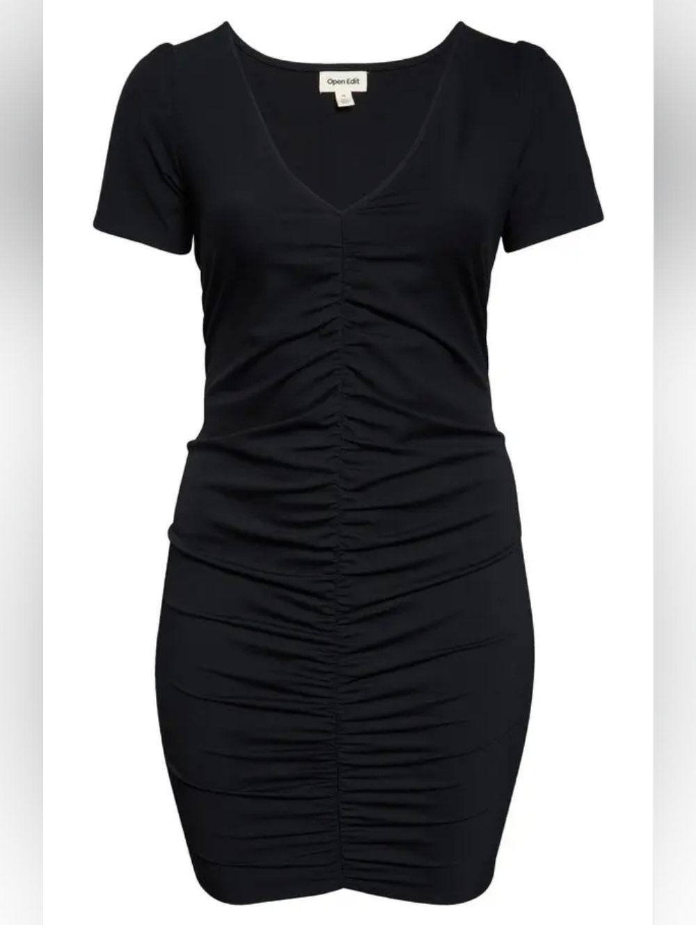 Open Edit Black V Neck Ruched Front Short Sleeve Sheath Dress Size XL